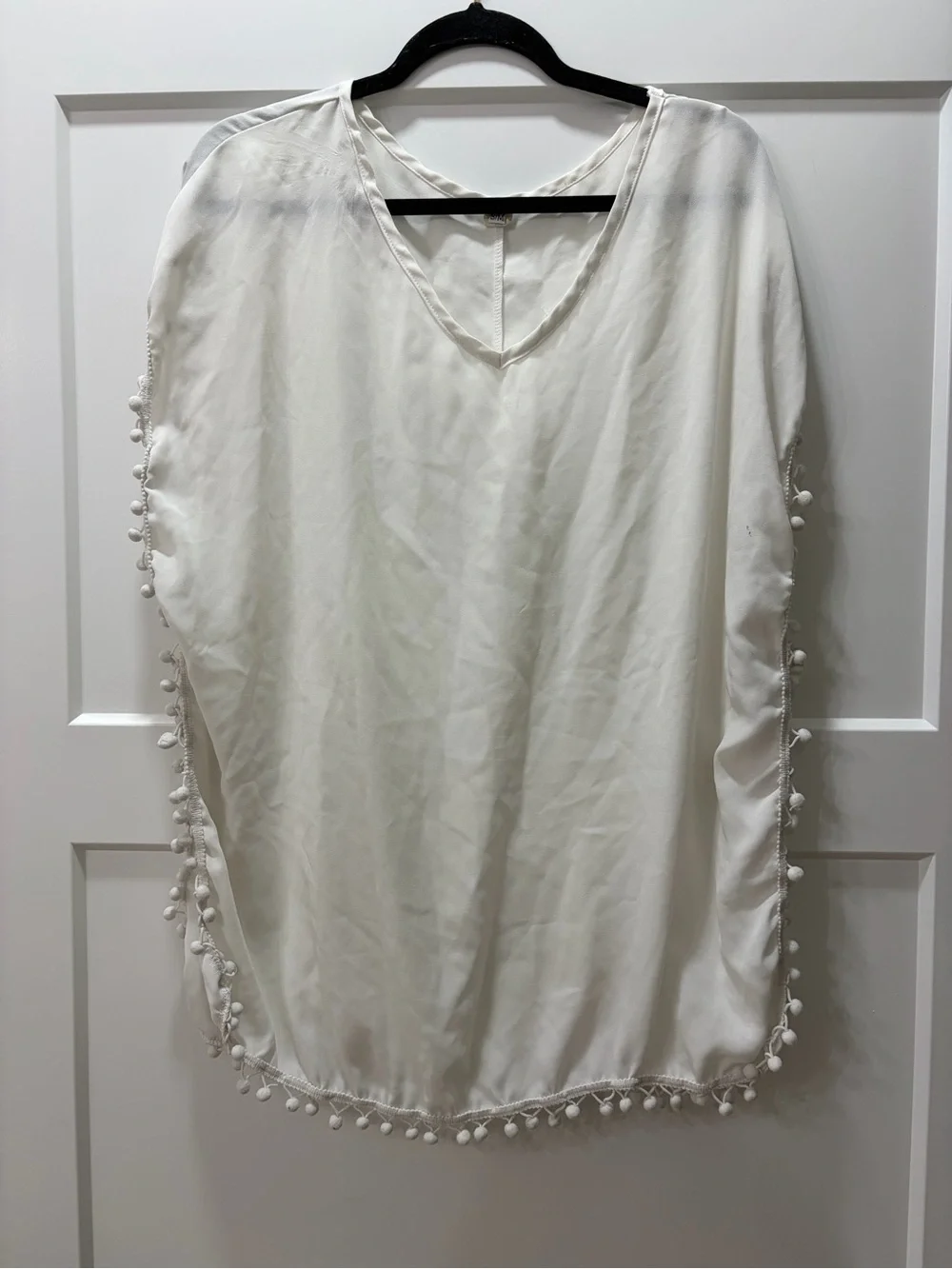 White Lightweight Summer Swimsuit Cover Up Pom-Pom Trim V-Neck Tunic Top